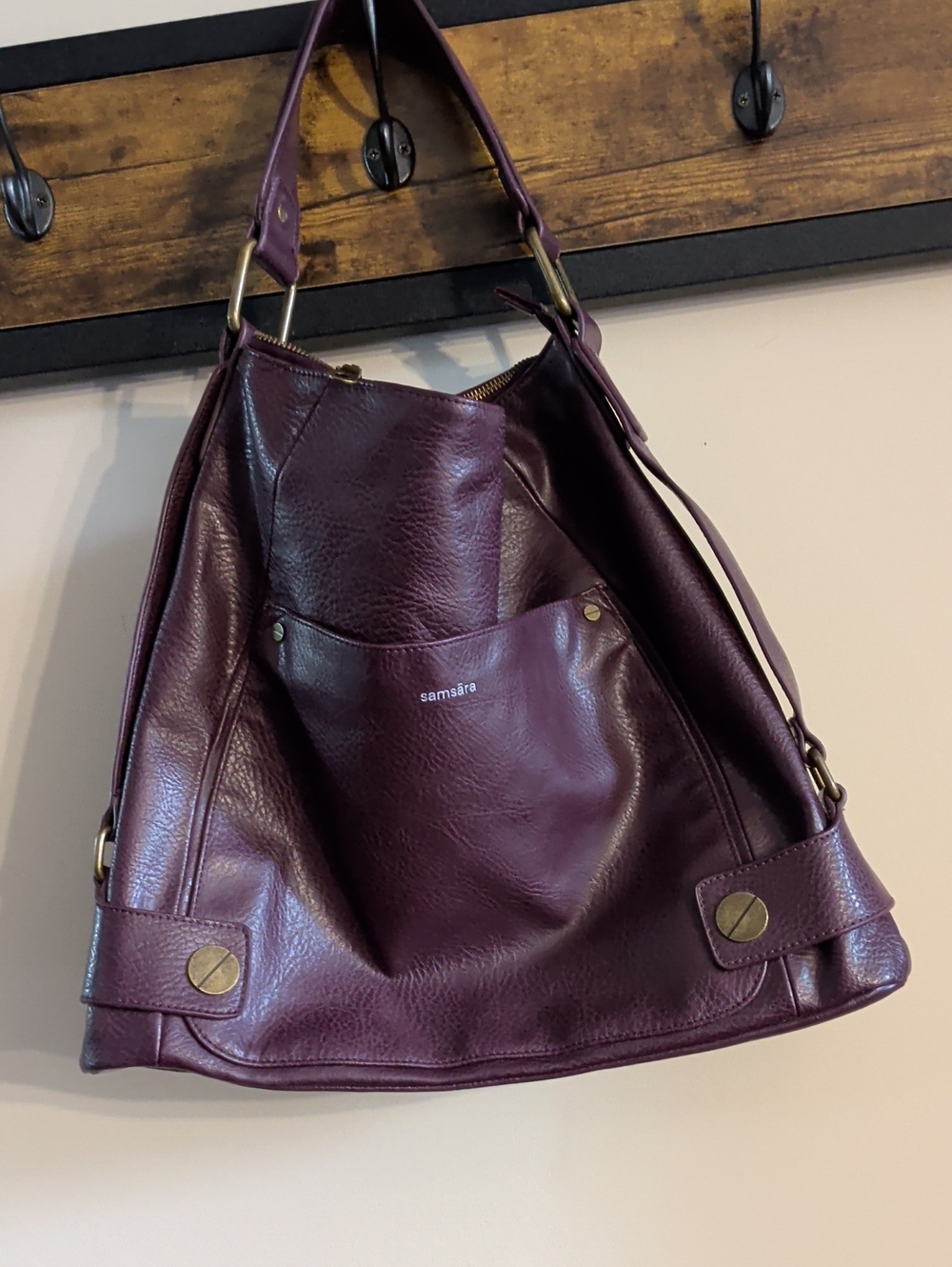 Samsara Plum Leather Shoulder Bag with Brass Accents